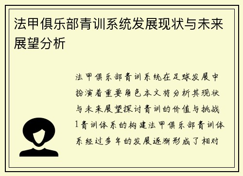 法甲俱乐部青训系统发展现状与未来展望分析